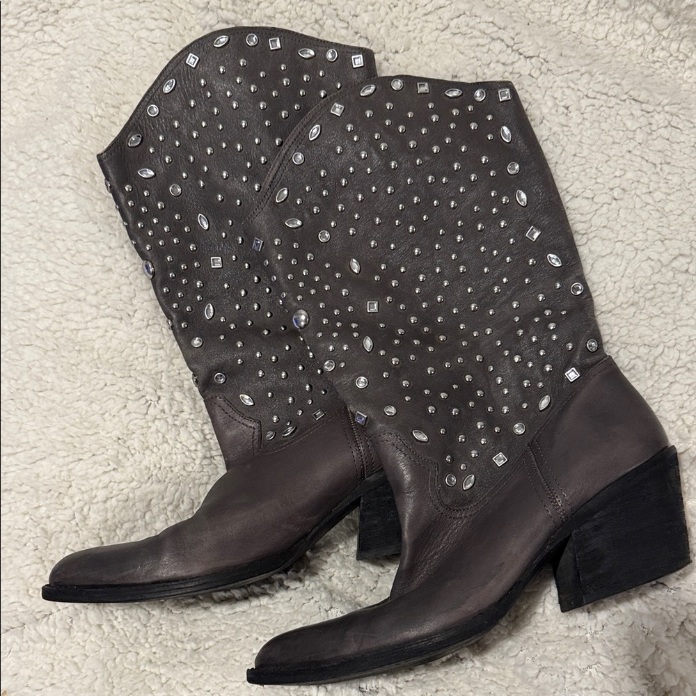 Reba Studded Heeled Boots in Charcoal